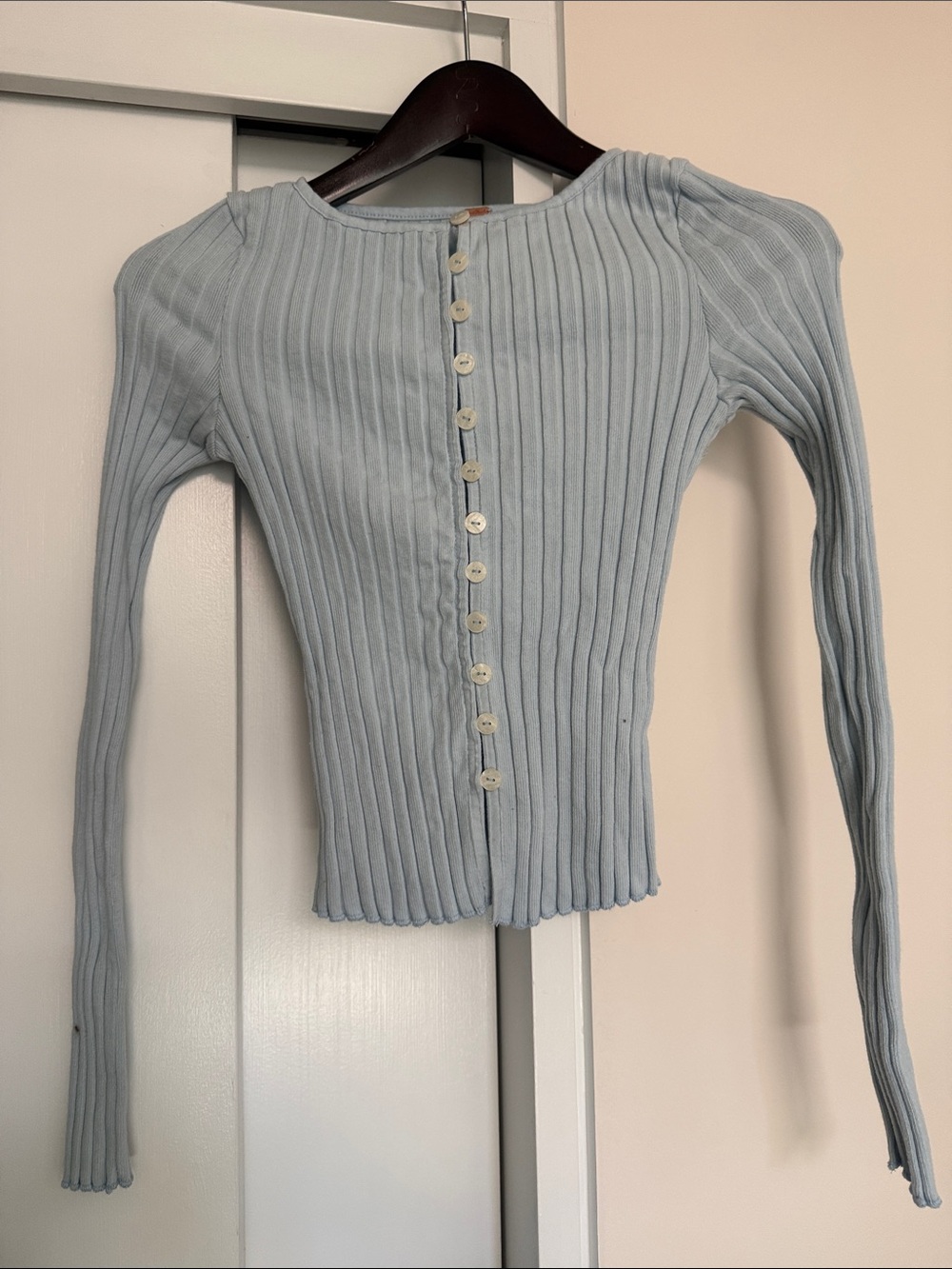 Free People Pale Blue Ribbed Button-Back Long Sleeve Top